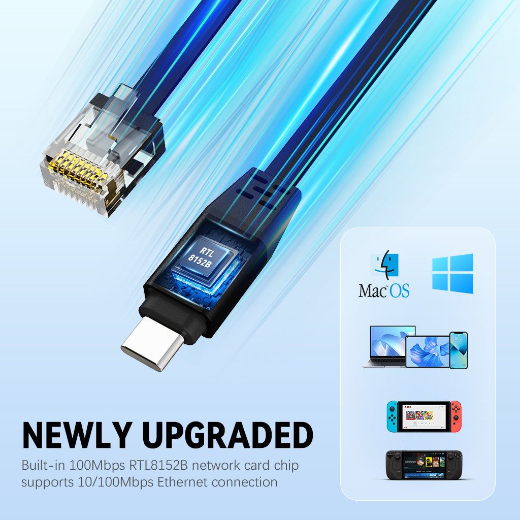 Verilux® Type C to RJ45 NIC Adapter Cable 6.6ft Ethernet Cable High Speed 100Mbps 100Mbps RTL8152B NIC Chip, Wired Internet Connection Cable Compatible with Laptop, Tablets, Phone Verilux® Type C to RJ45 NIC Adapter Cable 6.6ft Ethernet Cable High Speed 100Mbps 100Mbps RTL8152B NIC Chip, Wired Internet Connection Cable Compatible with Laptop, Tablets, Phone